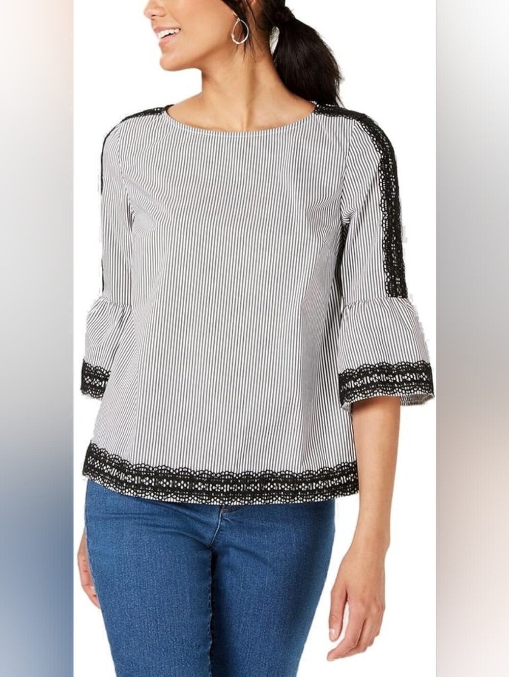 Charter Club Striped Bell-Sleeve Top with Lace Trim - Black & White